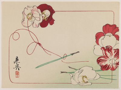 Enhebrando amapolas, de la serie Comparación de flores, c.1875-90 (xilografía en color sobre papel) de Shibata Zeshin